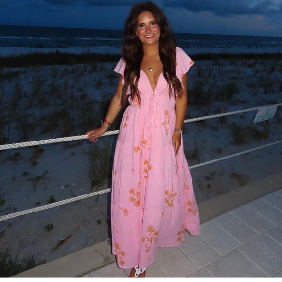 Impeccable Pig Mable Pink Floral Deep V Neck Maxi Dress NWT - Picture 2 of 14